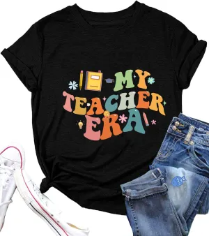Teacher T-Shirt Tank for Women Funny Letter Print Colorful Leopard Pattern Teacher Life Shirt Gratitude Teacher Gift Top