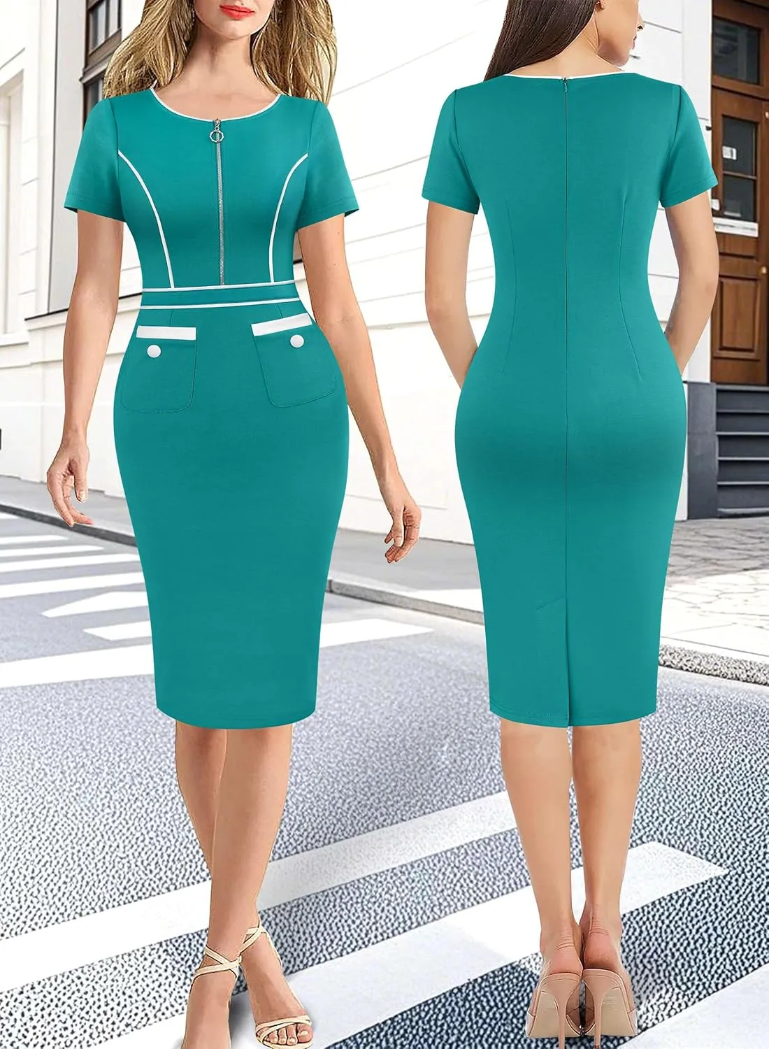 VFSHOW Womens 2024 Business Work Office Crew Neck Front Zipper Pockets Buttons Elegant Vintage Retro Bodycon Dress