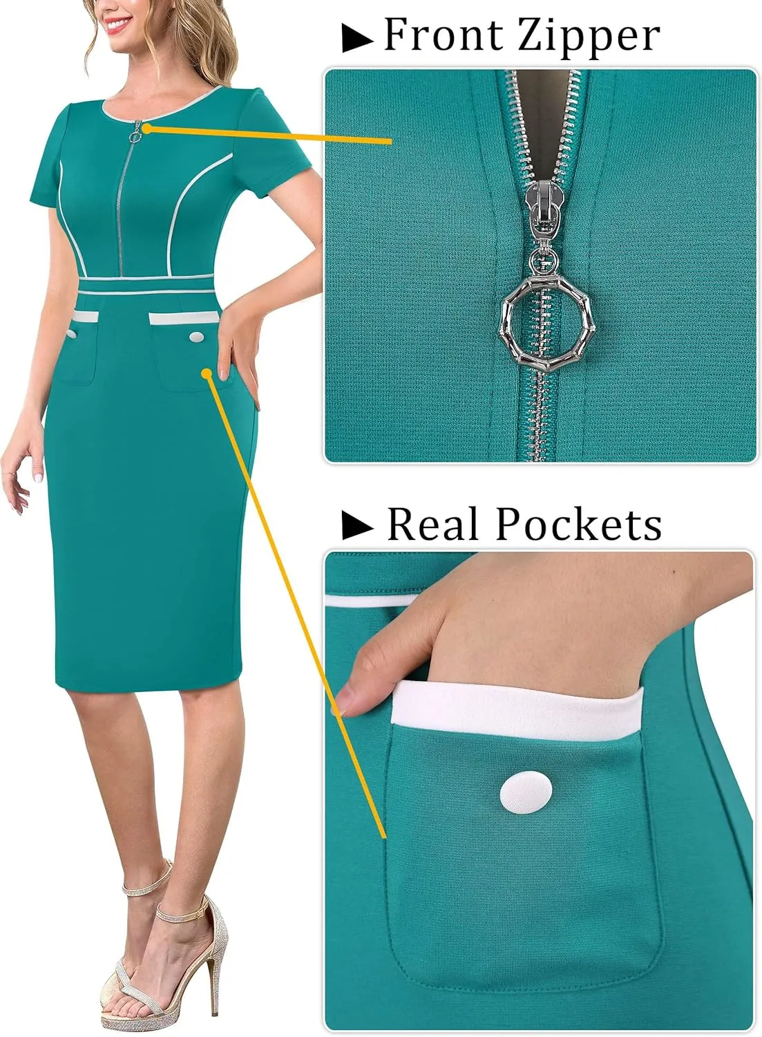 VFSHOW Womens 2024 Business Work Office Crew Neck Front Zipper Pockets Buttons Elegant Vintage Retro Bodycon Dress