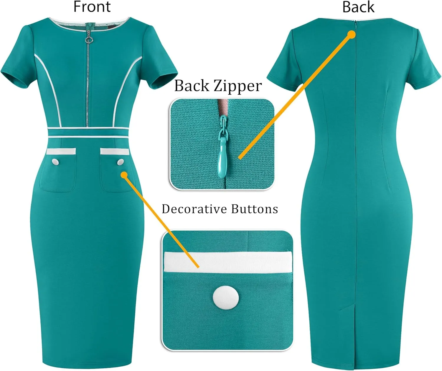 VFSHOW Womens 2024 Business Work Office Crew Neck Front Zipper Pockets Buttons Elegant Vintage Retro Bodycon Dress