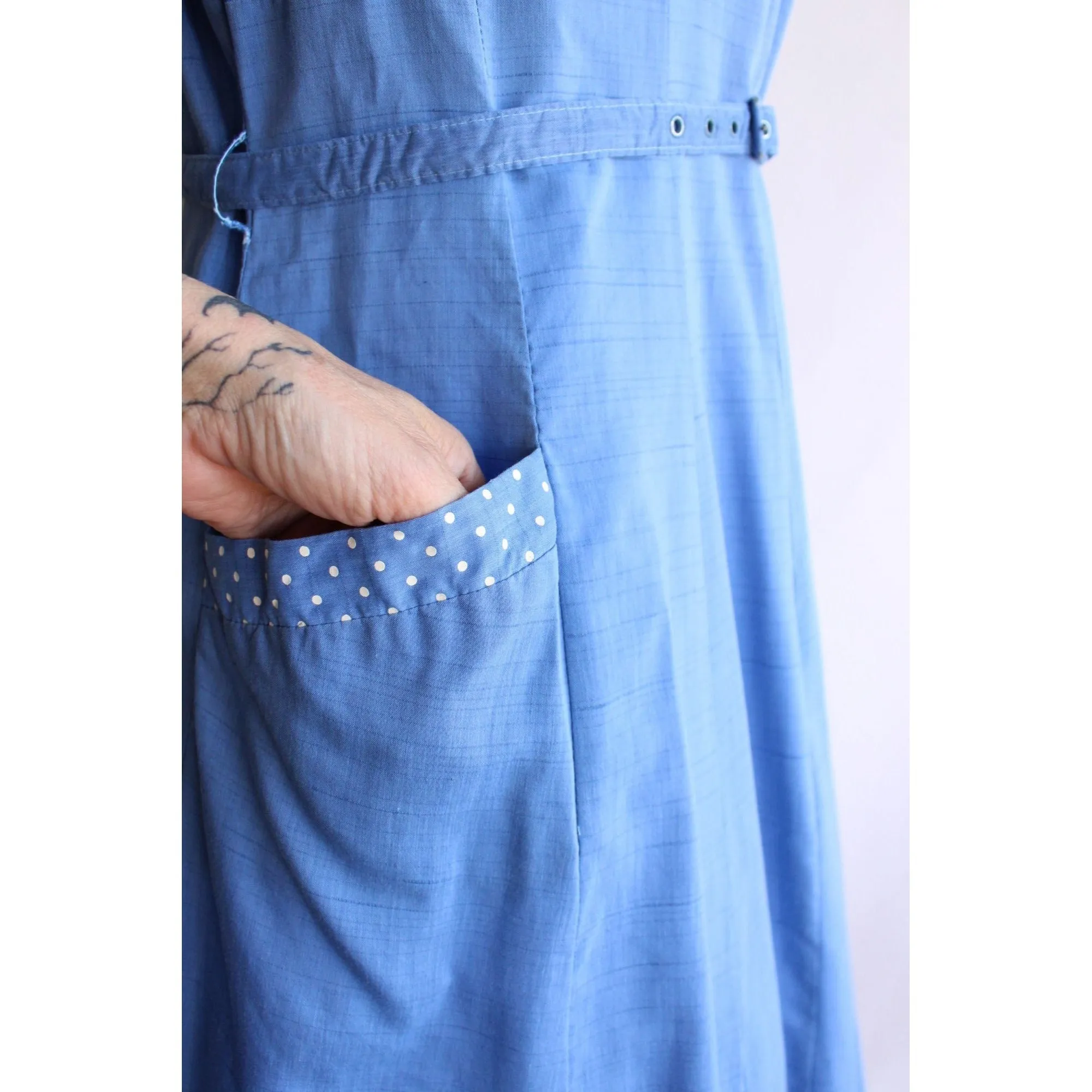 Vintage 1950s Plus Size Sky Blue Dress with Pockets and Belt