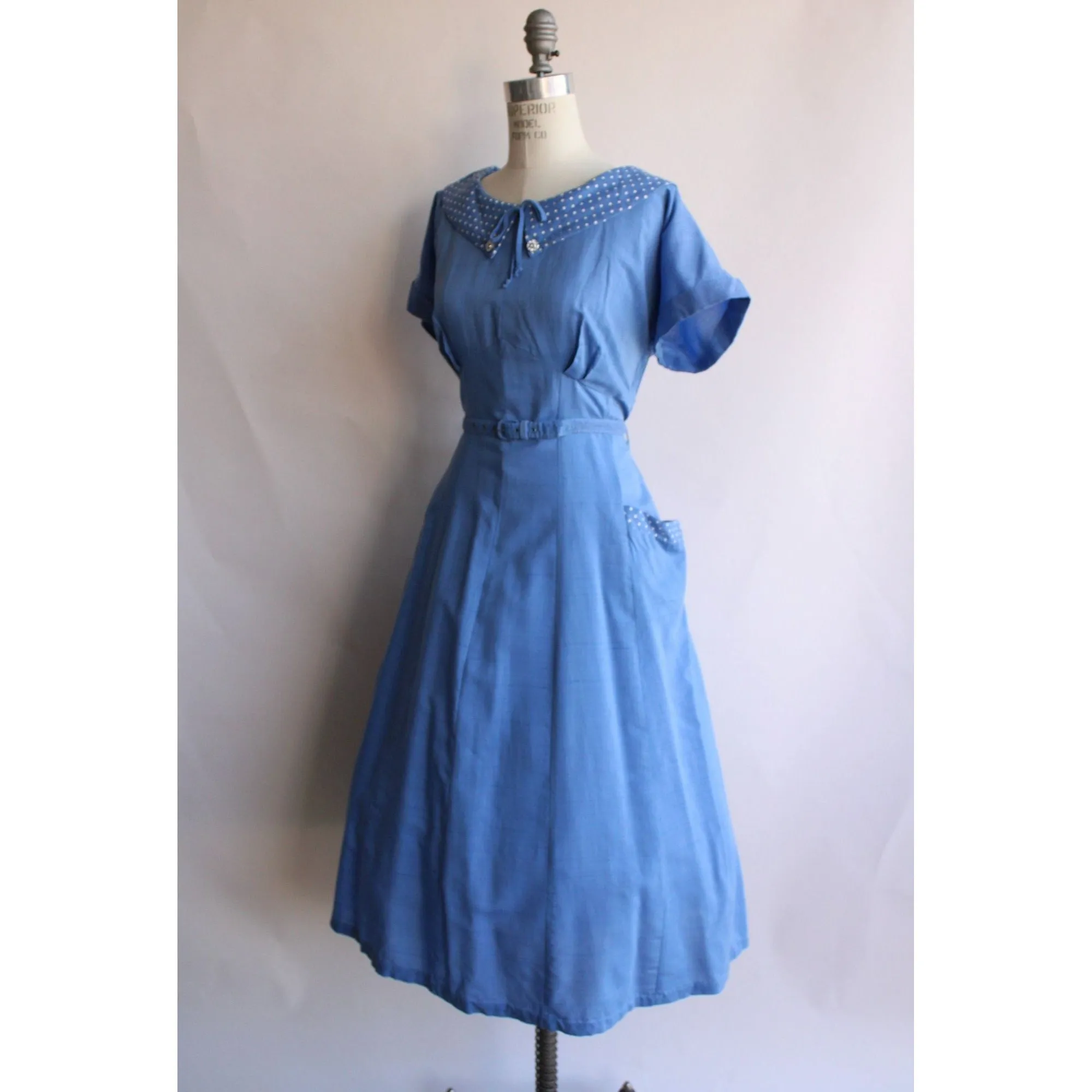 Vintage 1950s Plus Size Sky Blue Dress with Pockets and Belt