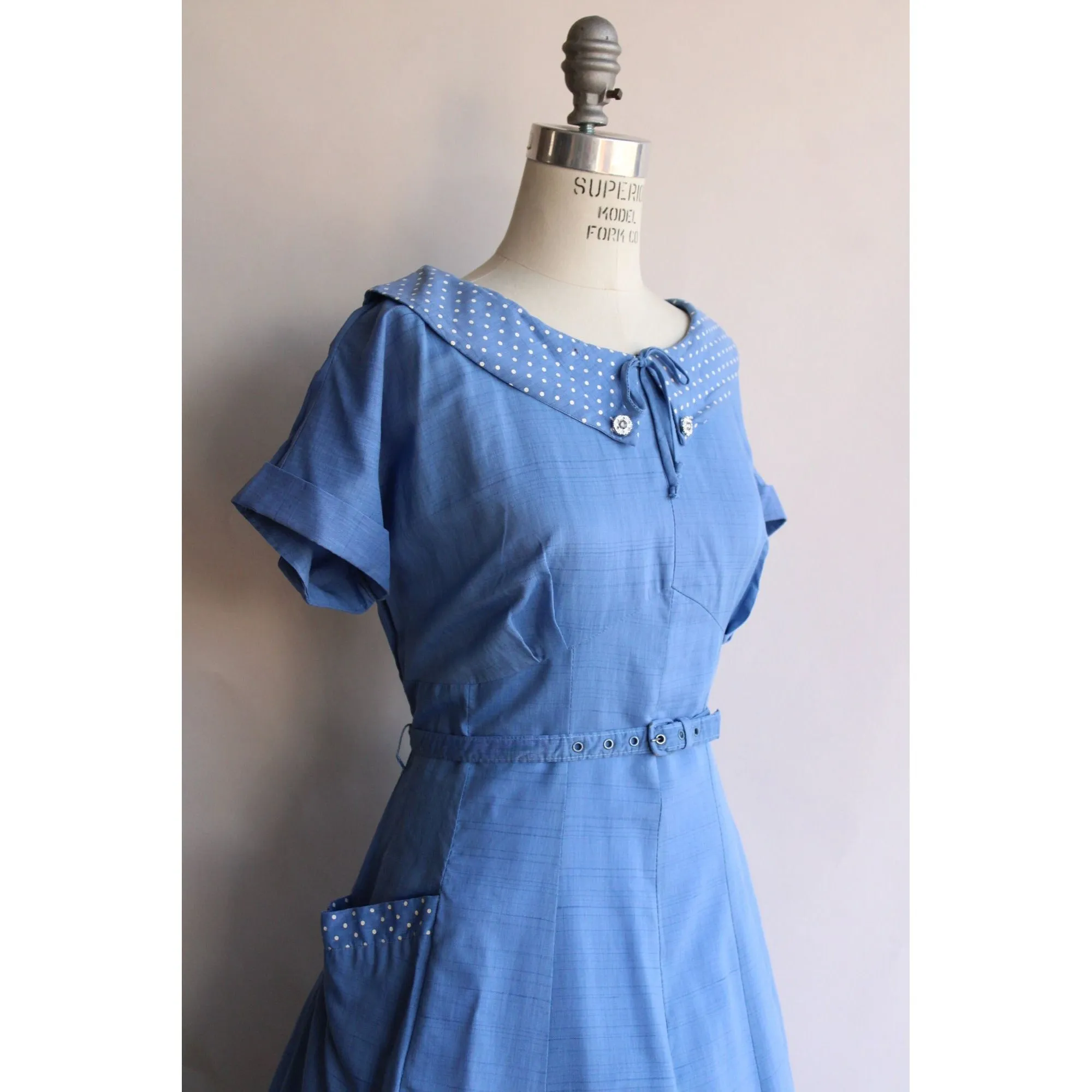 Vintage 1950s Plus Size Sky Blue Dress with Pockets and Belt