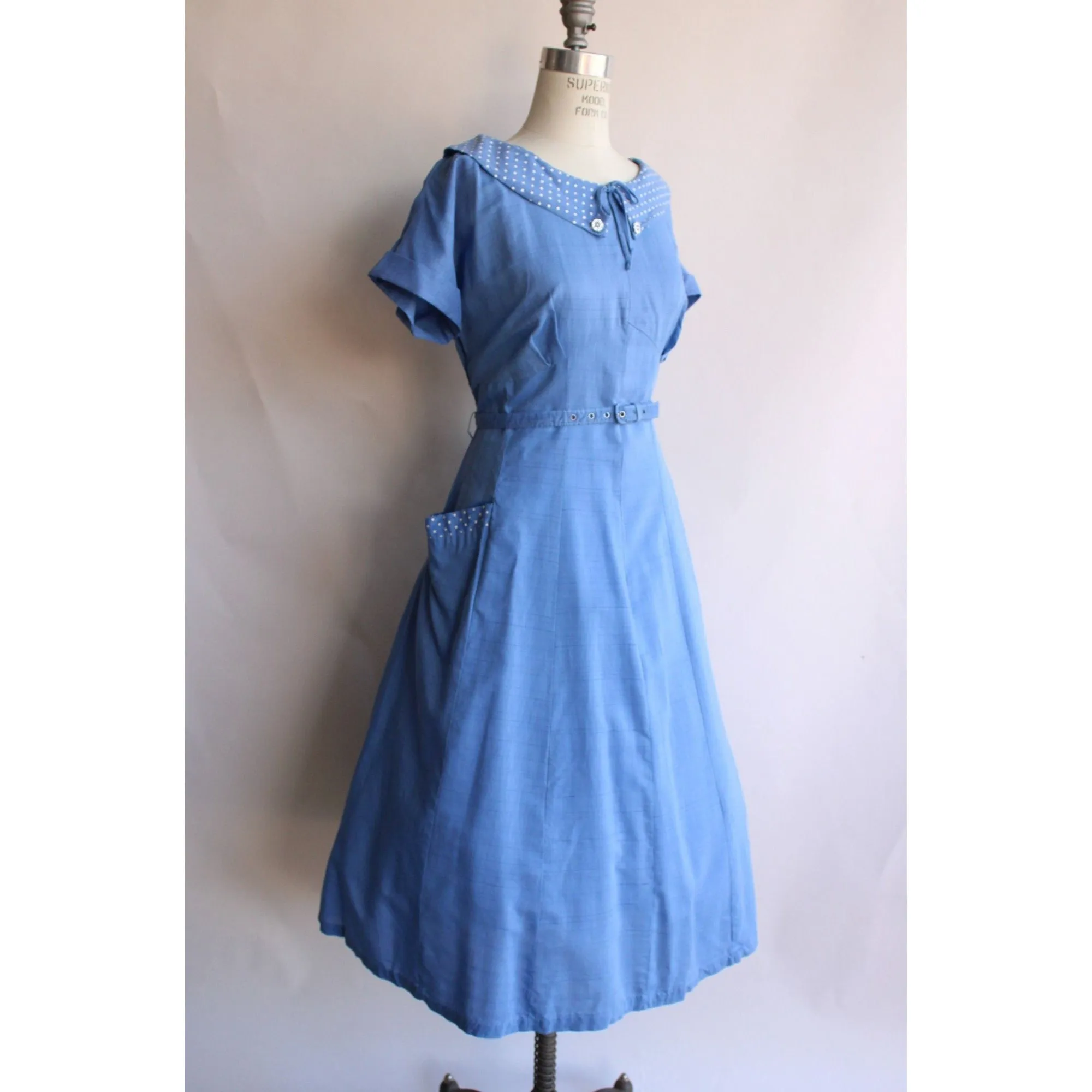 Vintage 1950s Plus Size Sky Blue Dress with Pockets and Belt