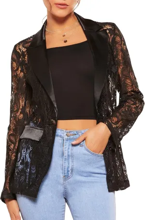 WDIRARA Women's Floral Lace Mesh One Button Lapel Neck Long Sleeve Elegant Jacket Blazer