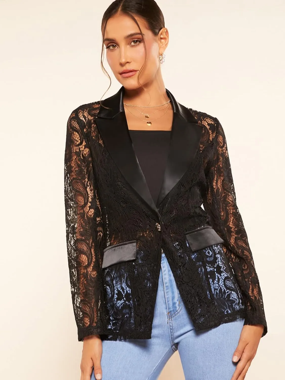 WDIRARA Women's Floral Lace Mesh One Button Lapel Neck Long Sleeve Elegant Jacket Blazer