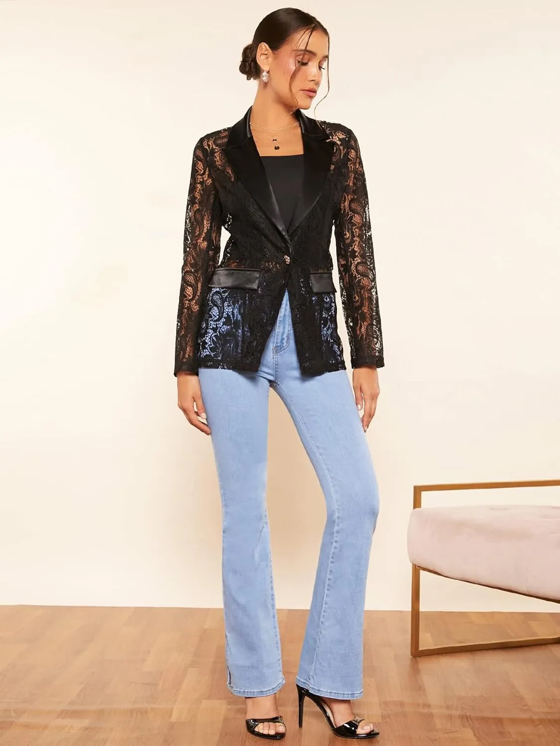 WDIRARA Women's Floral Lace Mesh One Button Lapel Neck Long Sleeve Elegant Jacket Blazer
