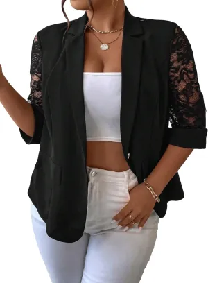 WDIRARA Women's Floral Lace Mesh One Button Lapel Neck Long Sleeve Elegant Jacket Blazer