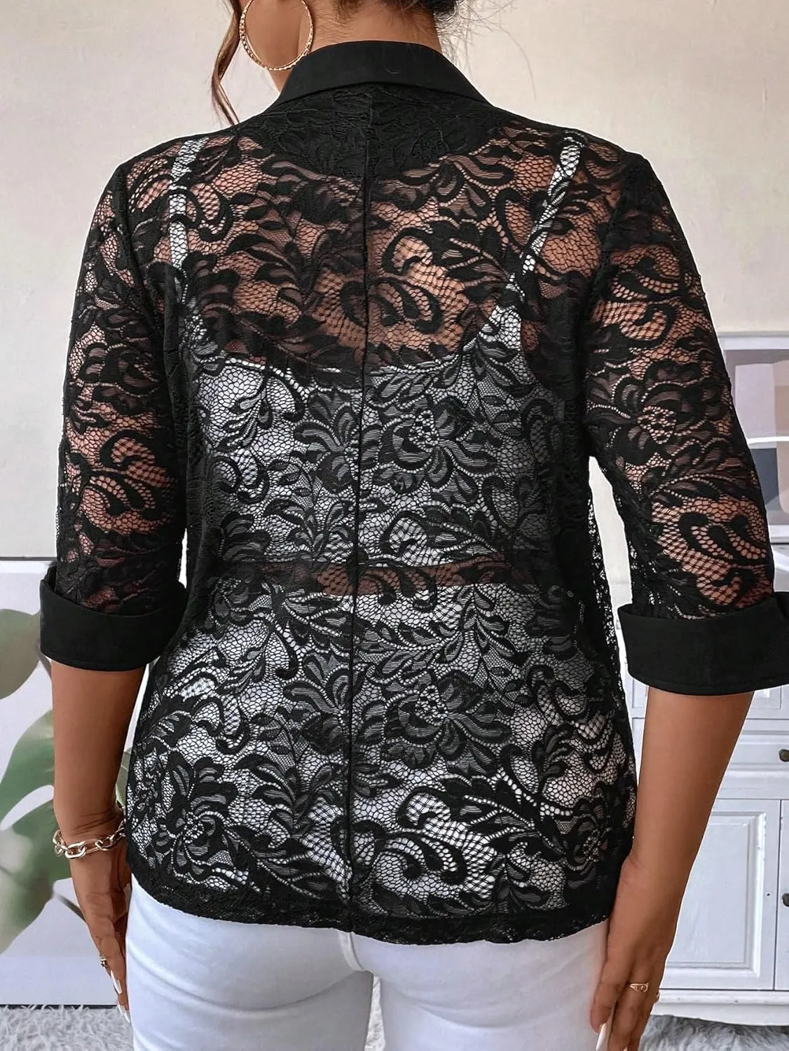 WDIRARA Women's Floral Lace Mesh One Button Lapel Neck Long Sleeve Elegant Jacket Blazer