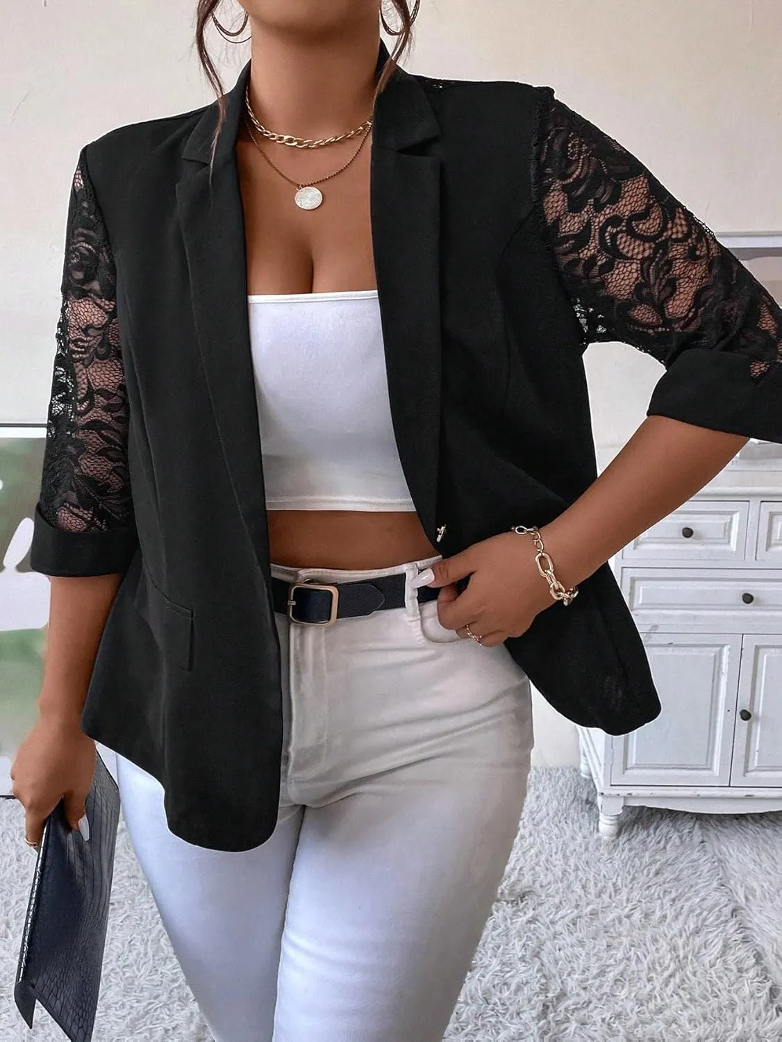 WDIRARA Women's Floral Lace Mesh One Button Lapel Neck Long Sleeve Elegant Jacket Blazer