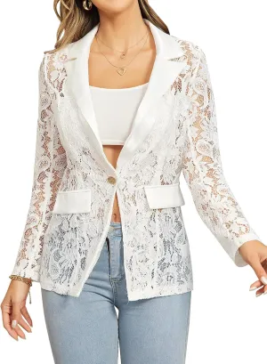 WDIRARA Women's Floral Lace Mesh One Button Lapel Neck Long Sleeve Elegant Jacket Blazer