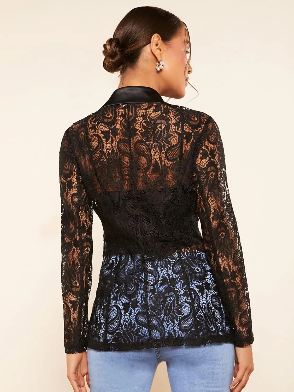 WDIRARA Women's Floral Lace Mesh One Button Lapel Neck Long Sleeve Elegant Jacket Blazer