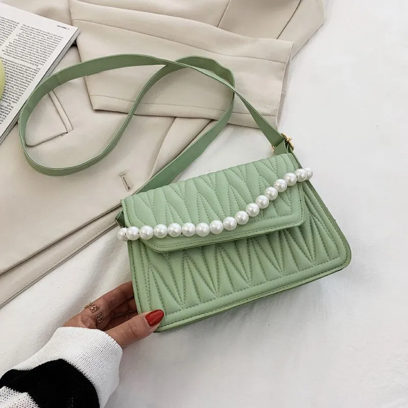 WENKOUBAN BACK TO COLLEGE    Pearl Chain Strap Handbags For Women Designer Pu Leather Shoulder Bag Plaid Simple Female Crossbody Bag Small Square Bag