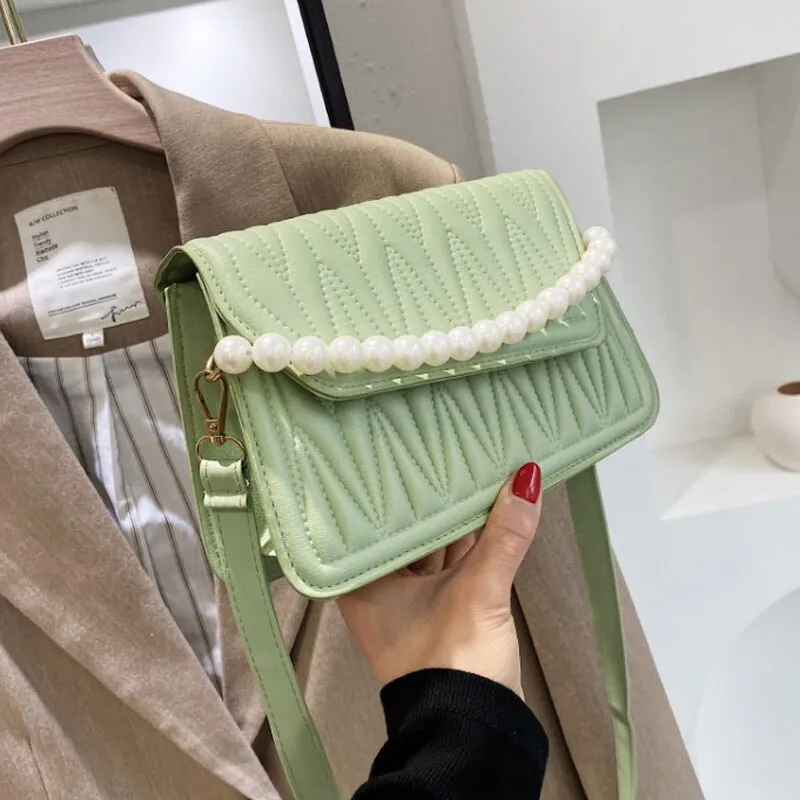 WENKOUBAN BACK TO COLLEGE    Pearl Chain Strap Handbags For Women Designer Pu Leather Shoulder Bag Plaid Simple Female Crossbody Bag Small Square Bag
