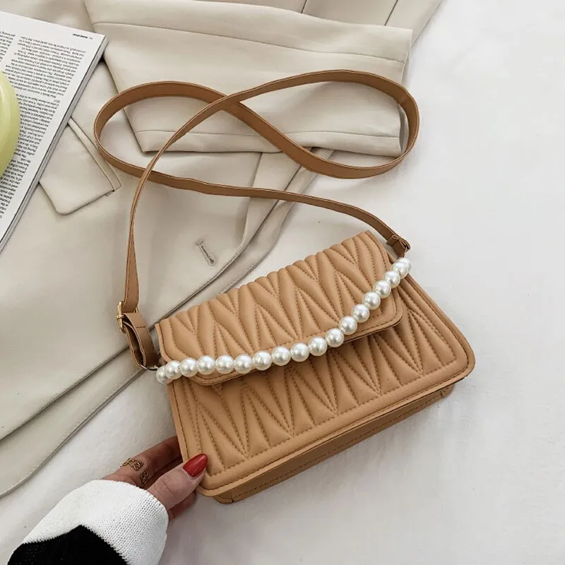 WENKOUBAN BACK TO COLLEGE    Pearl Chain Strap Handbags For Women Designer Pu Leather Shoulder Bag Plaid Simple Female Crossbody Bag Small Square Bag