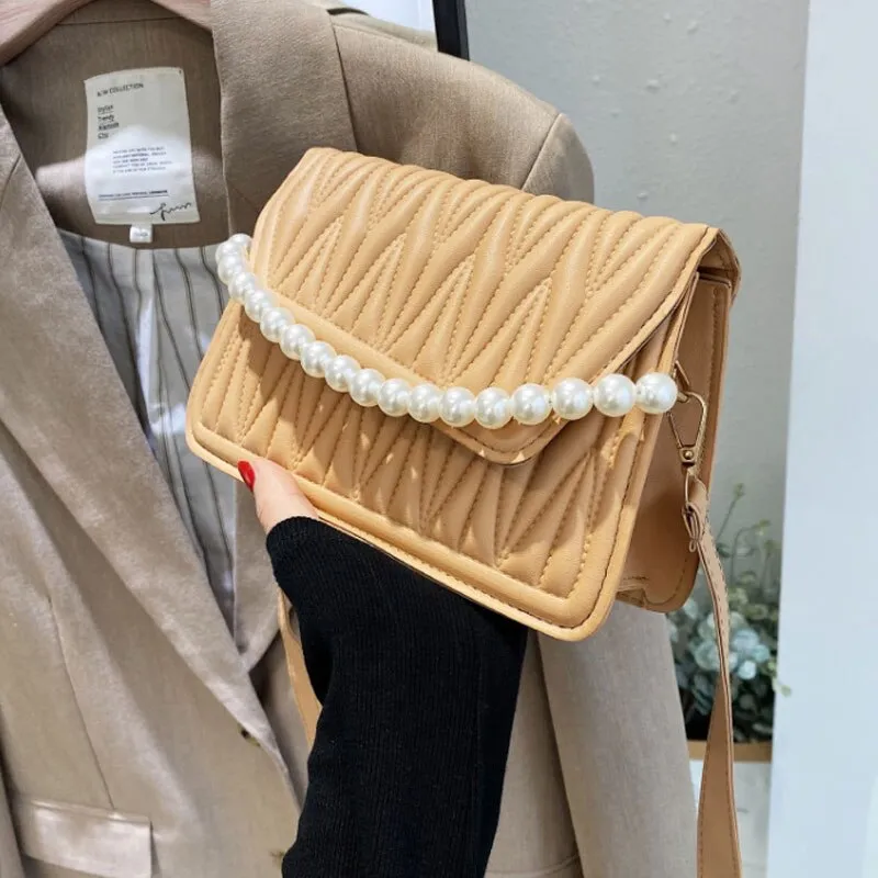 WENKOUBAN BACK TO COLLEGE    Pearl Chain Strap Handbags For Women Designer Pu Leather Shoulder Bag Plaid Simple Female Crossbody Bag Small Square Bag