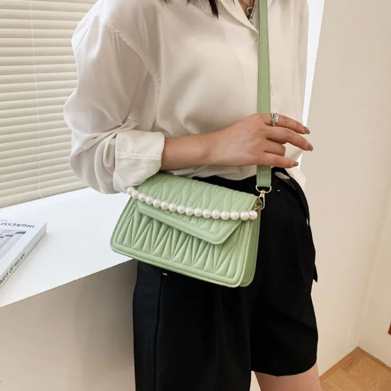 WENKOUBAN BACK TO COLLEGE    Pearl Chain Strap Handbags For Women Designer Pu Leather Shoulder Bag Plaid Simple Female Crossbody Bag Small Square Bag