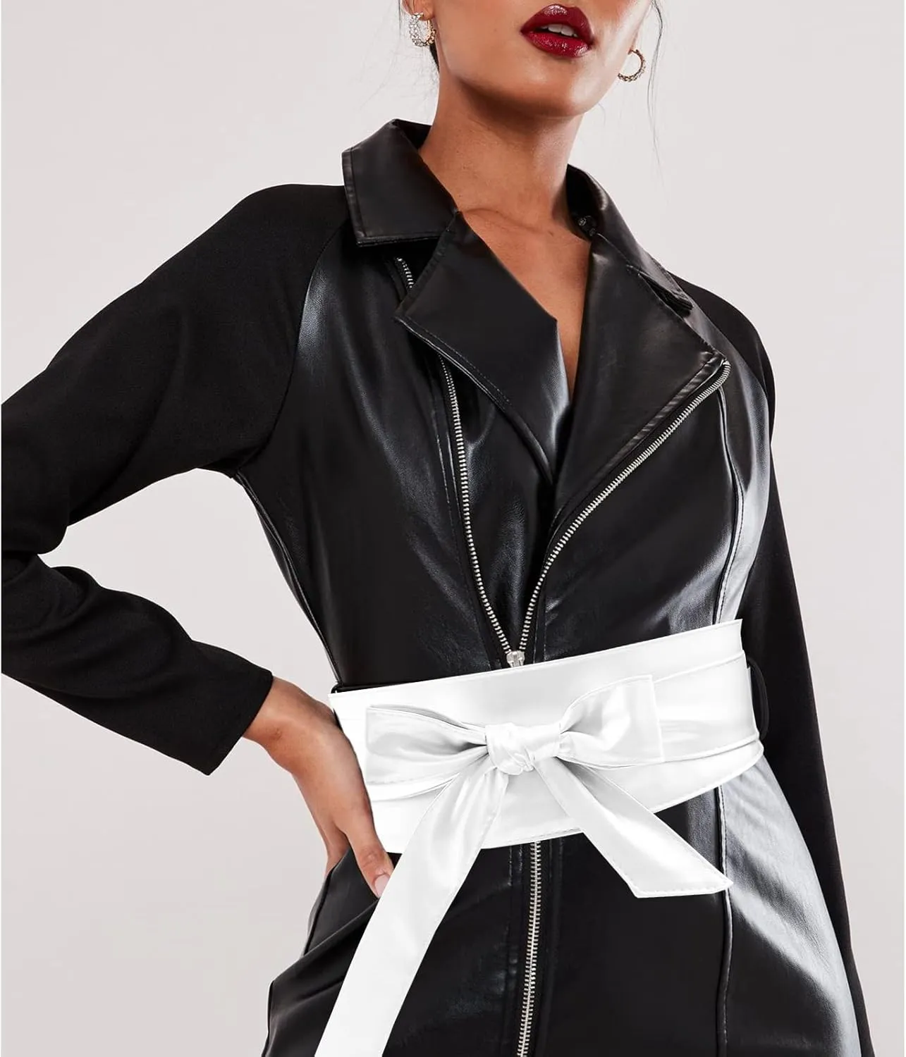 Woman Wide PU Leather Belt Obi Belt Self Tie Cinch Belt Wrap Around Bowknot Waistband Bright Color for Dress