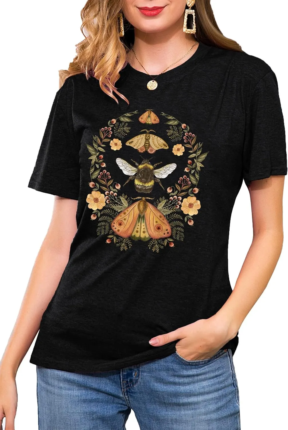 Women's Boho Butterflies Shirts Moon Moth Flower Tshirt Botanical Bee Print Tee Nature Lovers Tops