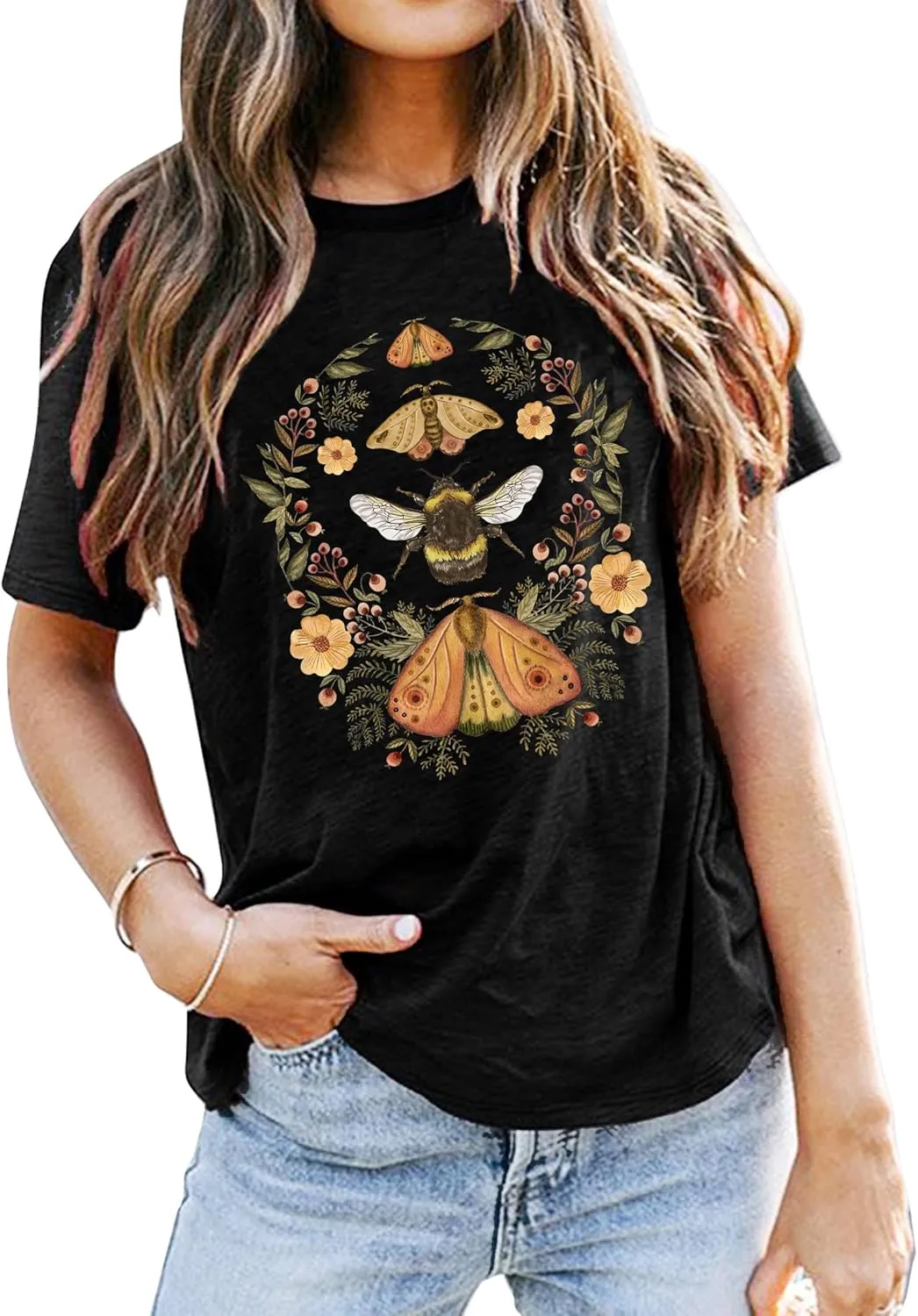 Women's Boho Butterflies Shirts Moon Moth Flower Tshirt Botanical Bee Print Tee Nature Lovers Tops