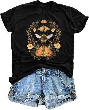Women's Boho Butterflies Shirts Moon Moth Flower Tshirt Botanical Bee Print Tee Nature Lovers Tops
