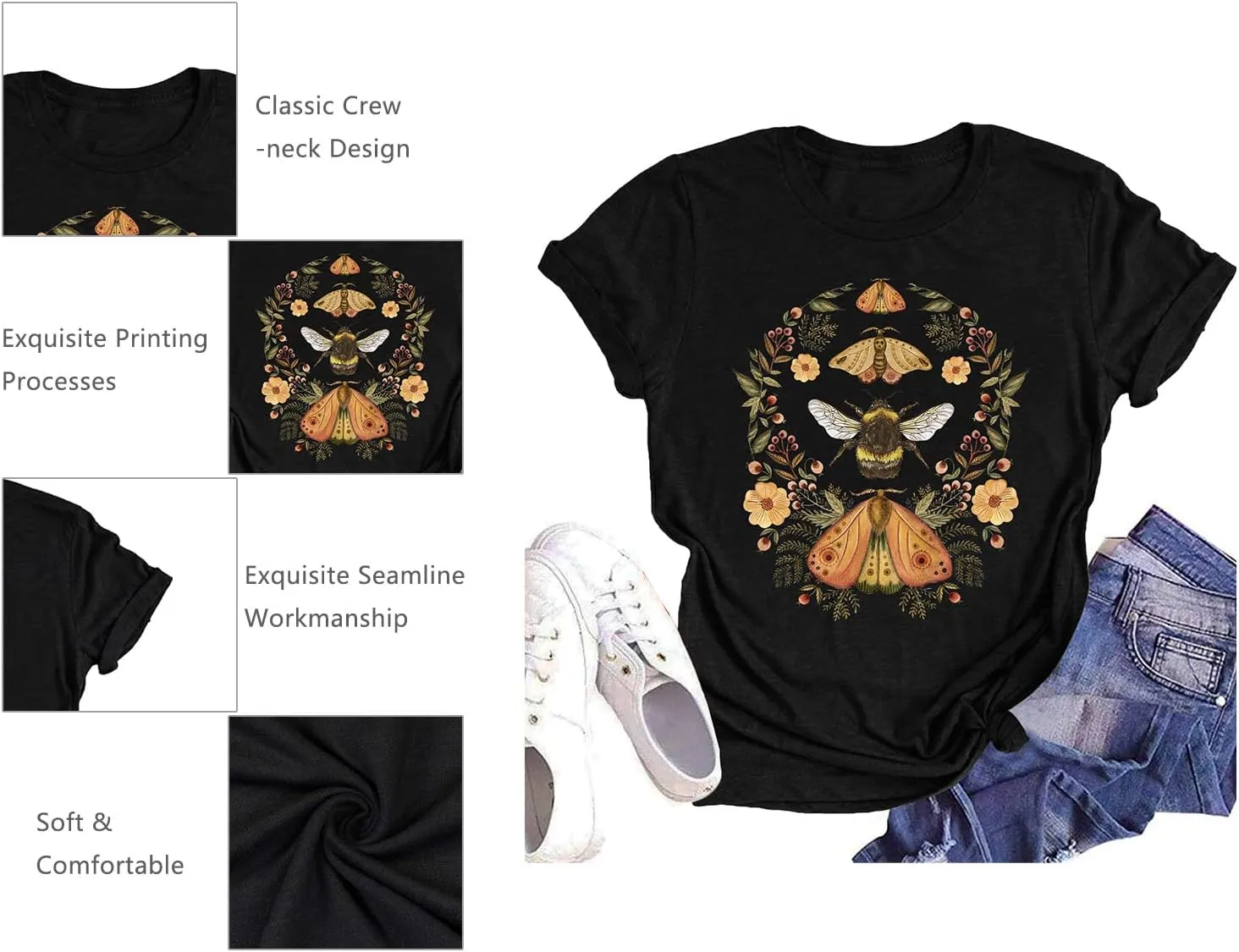 Women's Boho Butterflies Shirts Moon Moth Flower Tshirt Botanical Bee Print Tee Nature Lovers Tops