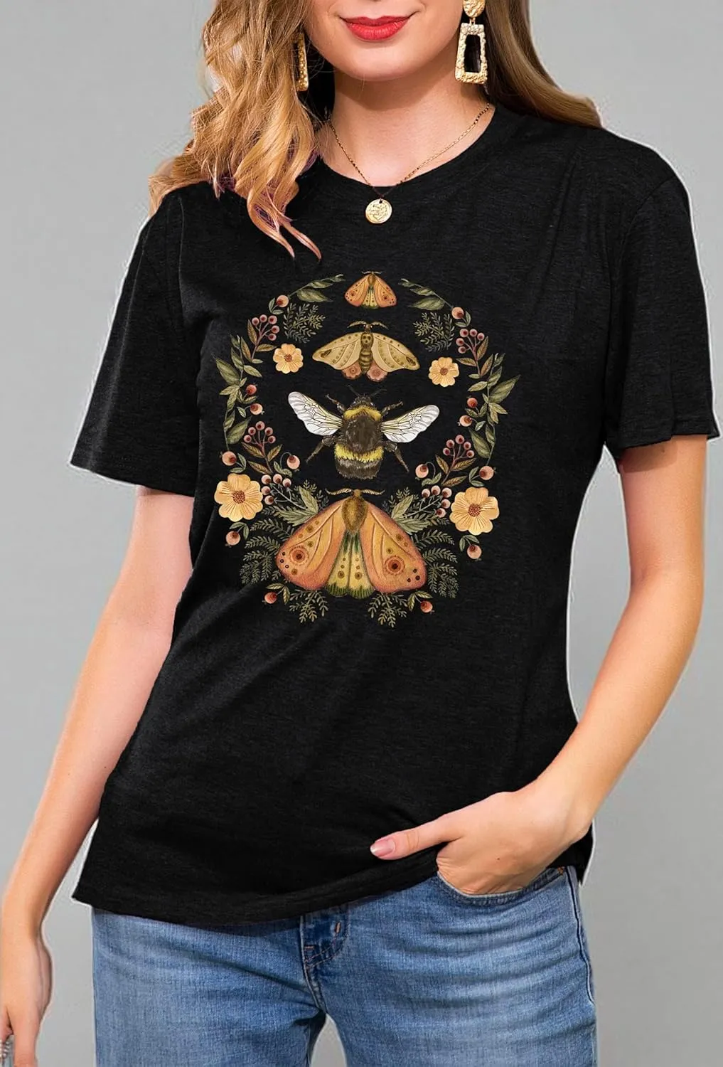 Women's Boho Butterflies Shirts Moon Moth Flower Tshirt Botanical Bee Print Tee Nature Lovers Tops