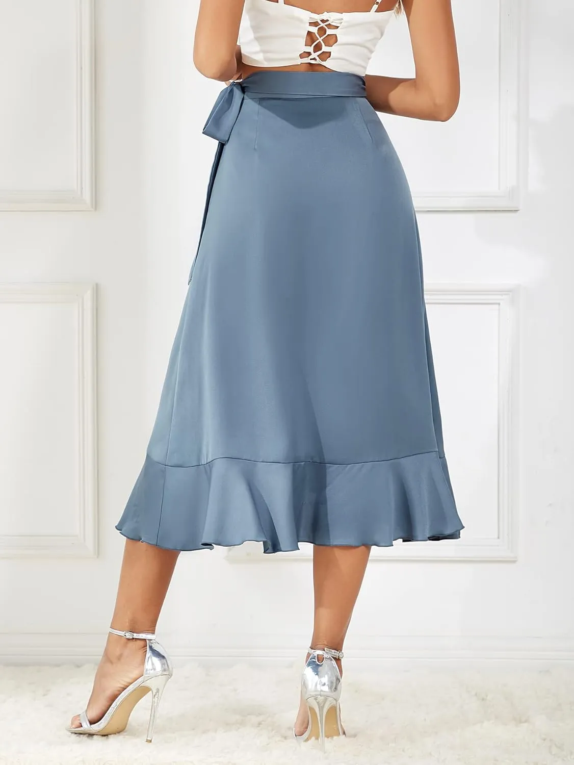 Women's Satin Wrap Skirt Adjustable Tie Ruffle Hem Flowy High Low Trendy Midi Skirt