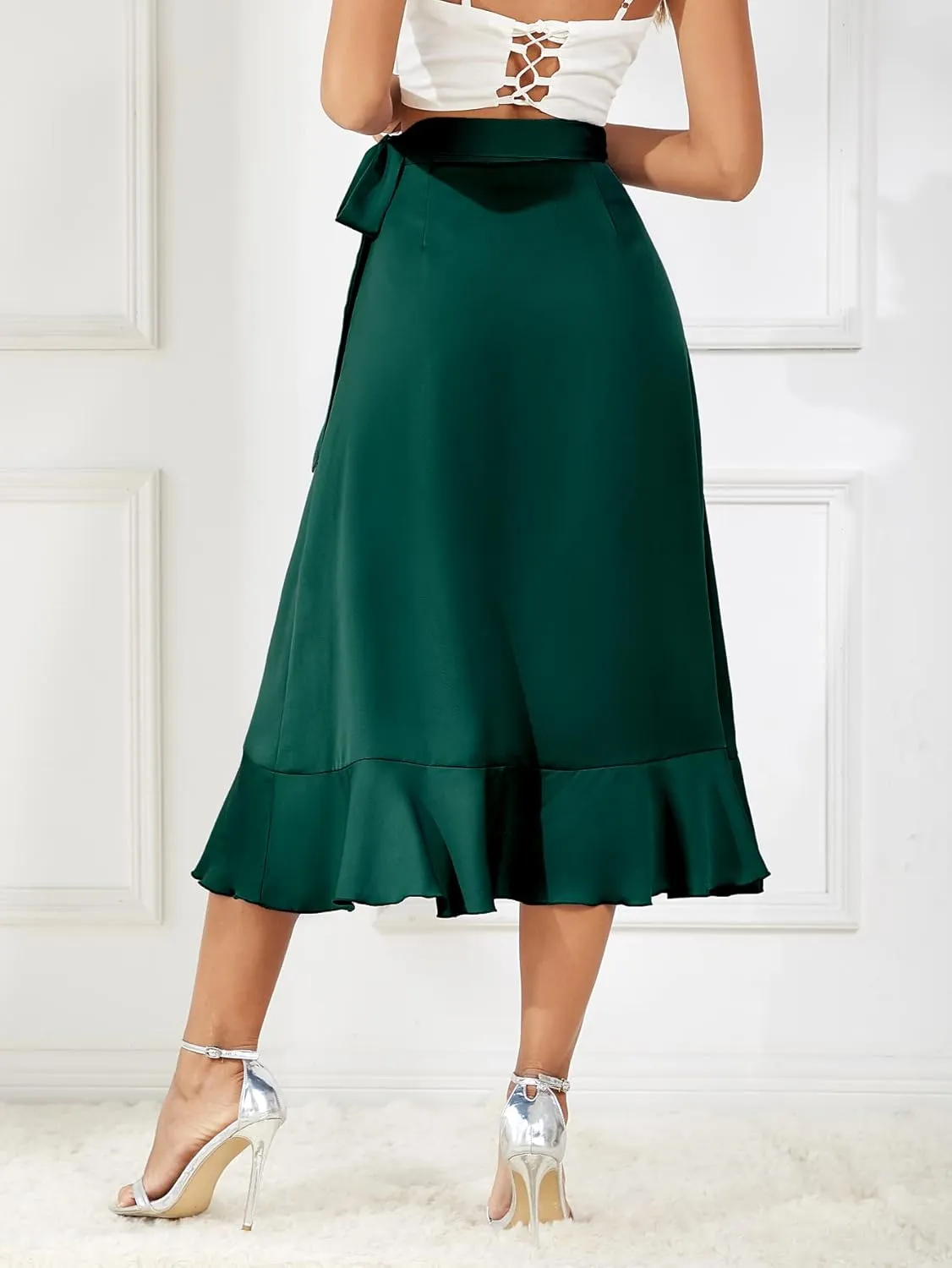 Women's Satin Wrap Skirt Adjustable Tie Ruffle Hem Flowy High Low Trendy Midi Skirt