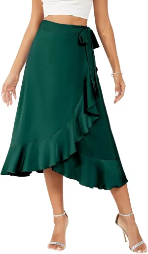 Women's Satin Wrap Skirt Adjustable Tie Ruffle Hem Flowy High Low Trendy Midi Skirt