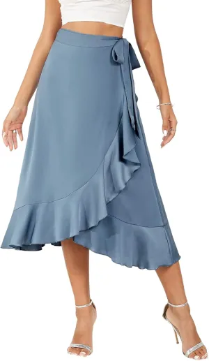 Women's Satin Wrap Skirt Adjustable Tie Ruffle Hem Flowy High Low Trendy Midi Skirt