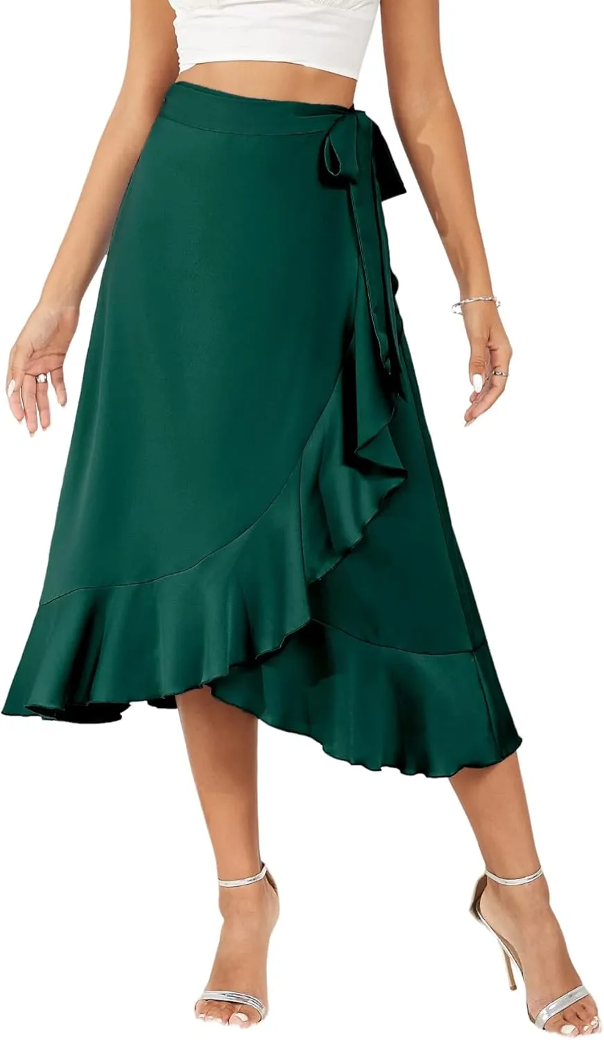 Women's Satin Wrap Skirt Adjustable Tie Ruffle Hem Flowy High Low Trendy Midi Skirt