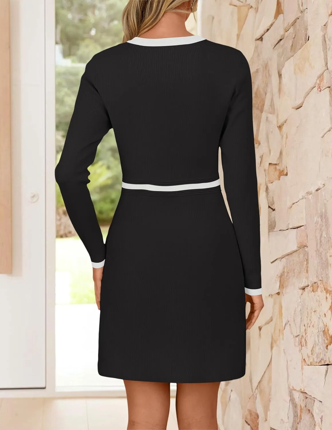 ZESICA Women's Fall Long Sleeve Bodycon Sweater Dress Crewneck Button Knit Color Block Party Mini Dresses