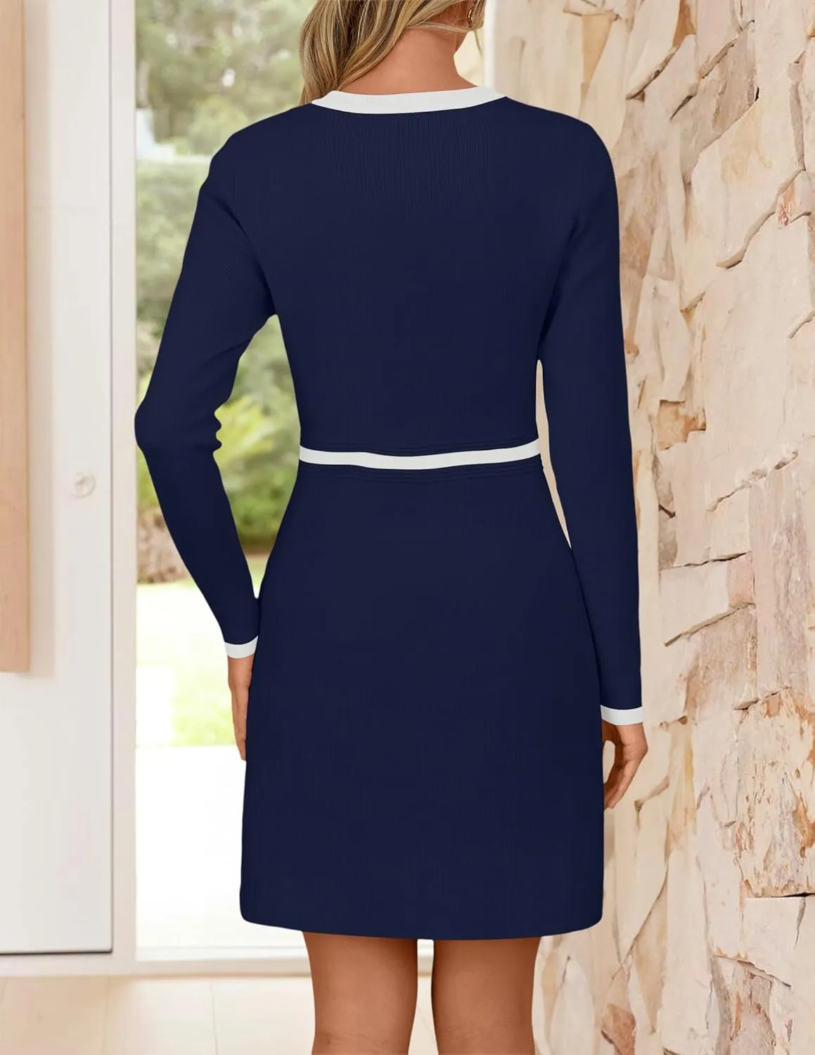 ZESICA Women's Fall Long Sleeve Bodycon Sweater Dress Crewneck Button Knit Color Block Party Mini Dresses