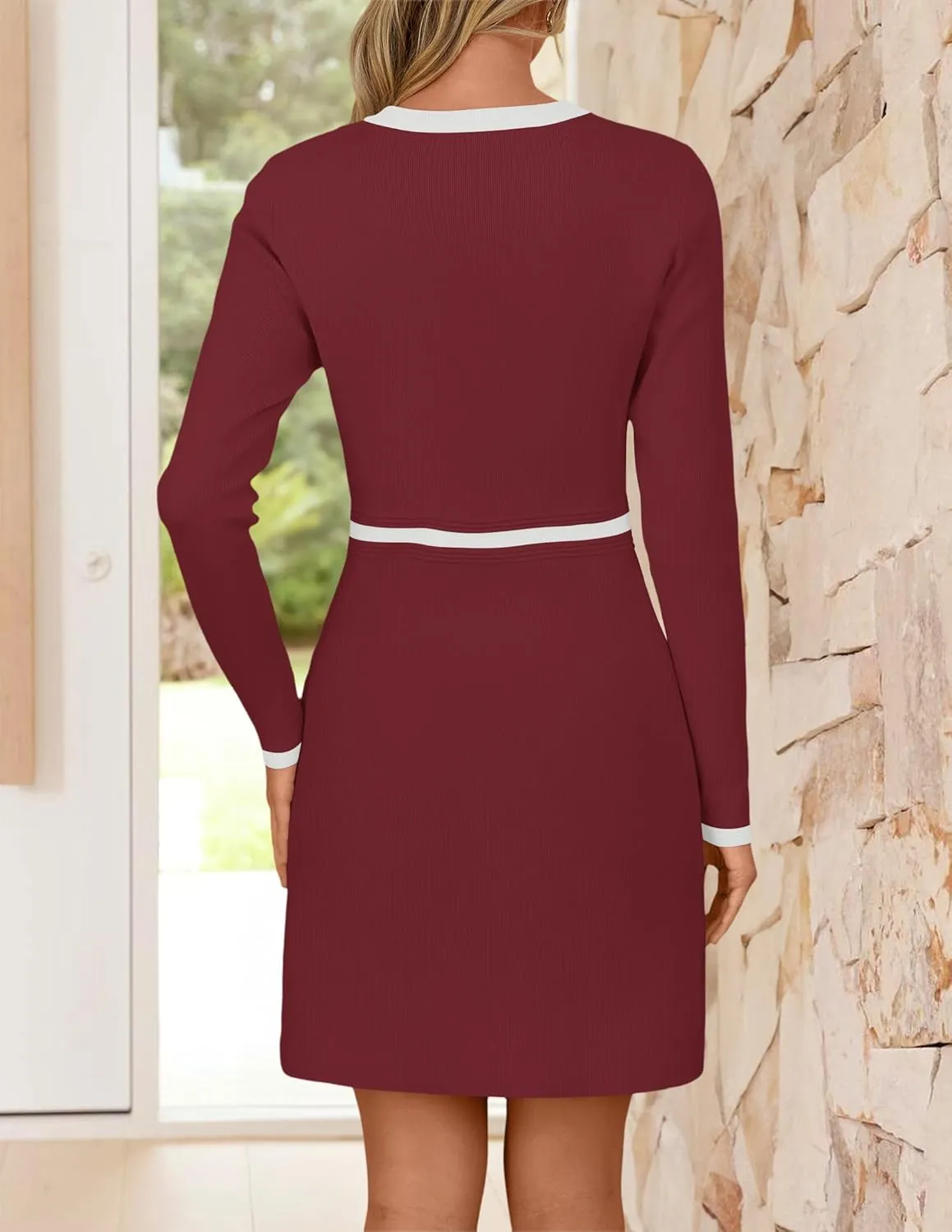 ZESICA Women's Fall Long Sleeve Bodycon Sweater Dress Crewneck Button Knit Color Block Party Mini Dresses
