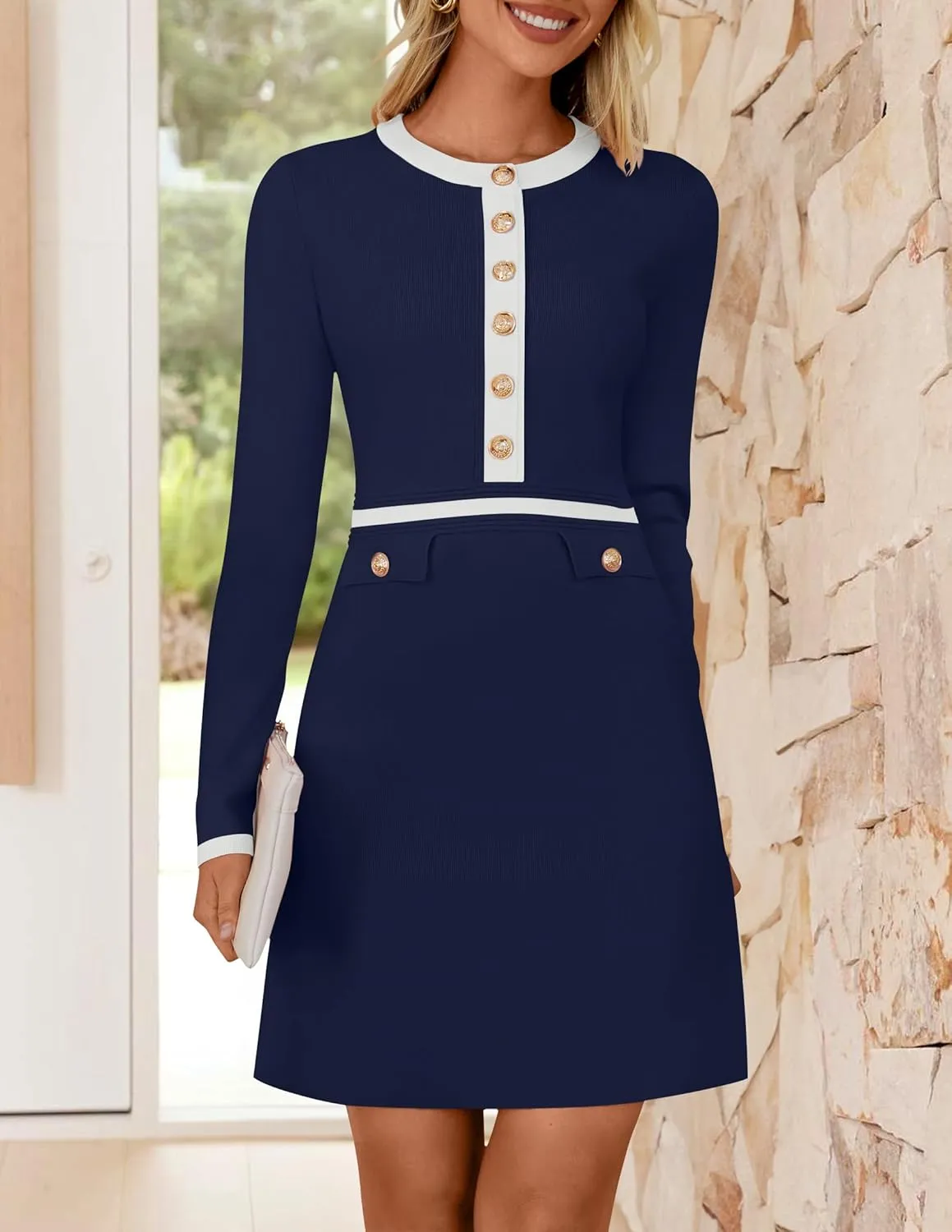 ZESICA Women's Fall Long Sleeve Bodycon Sweater Dress Crewneck Button Knit Color Block Party Mini Dresses