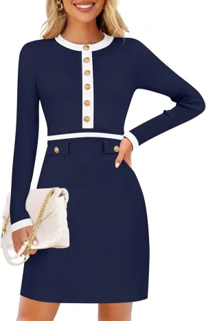 ZESICA Women's Fall Long Sleeve Bodycon Sweater Dress Crewneck Button Knit Color Block Party Mini Dresses