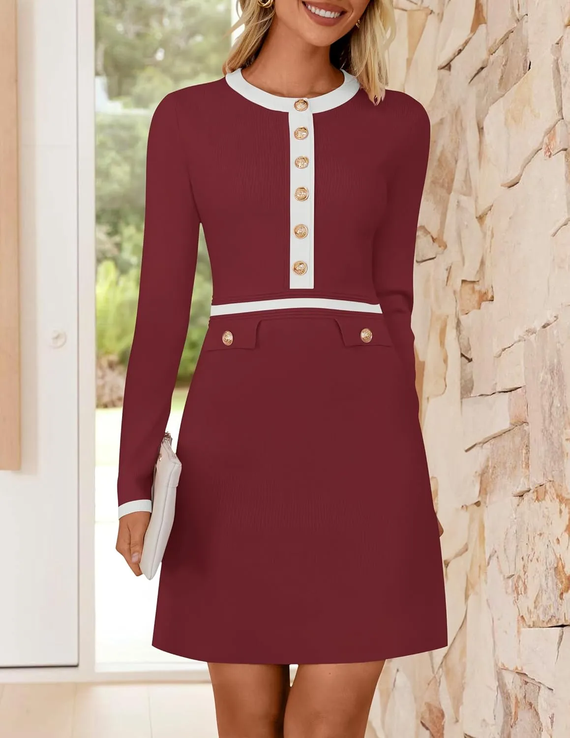 ZESICA Women's Fall Long Sleeve Bodycon Sweater Dress Crewneck Button Knit Color Block Party Mini Dresses