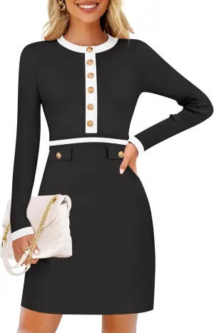 ZESICA Women's Fall Long Sleeve Bodycon Sweater Dress Crewneck Button Knit Color Block Party Mini Dresses