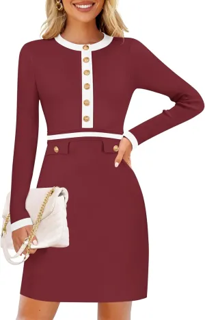 ZESICA Women's Fall Long Sleeve Bodycon Sweater Dress Crewneck Button Knit Color Block Party Mini Dresses